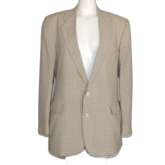 VINTAGE Plaid Blazer, 44, Haggar, Off-white/Tan/Gray, 2 buttons, Washable - Picture 9 of 13